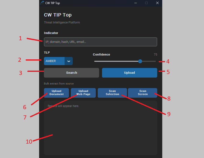 CW TIP Top main window showing the indicator input, TLP selector, confidence slider, search and upload buttons, and bulk extraction controls