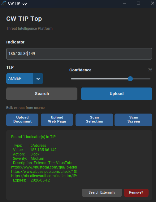CW TIP Top showing a search result found in the internal TIP repository for 185.135.86.149, with Search Externally and Remove options
