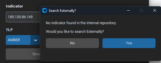 Search Externally dialog: No indicator found in the internal repository. Would you like to search Externally?
