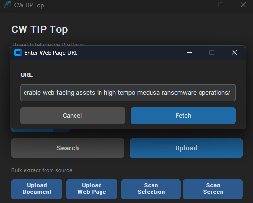 Enter Web Page URL dialog with a Microsoft security blog URL ready to fetch
