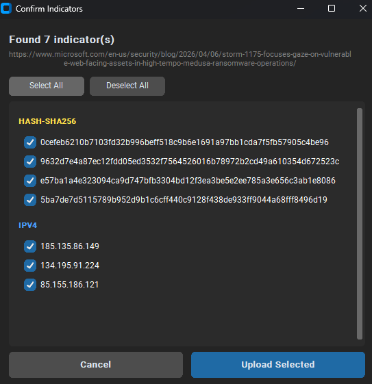 Confirm Indicators dialog showing 7 indicators found: 4 SHA-256 hashes and 3 IPv4 addresses, all selected
