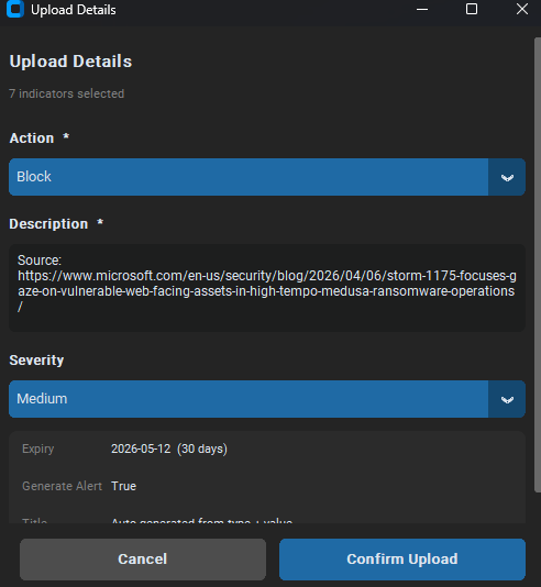 Upload Details window for 7 indicators selected, showing source URL as description, Block action, Medium severity